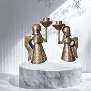 Two hammered pewter angel candle holders, Vintage